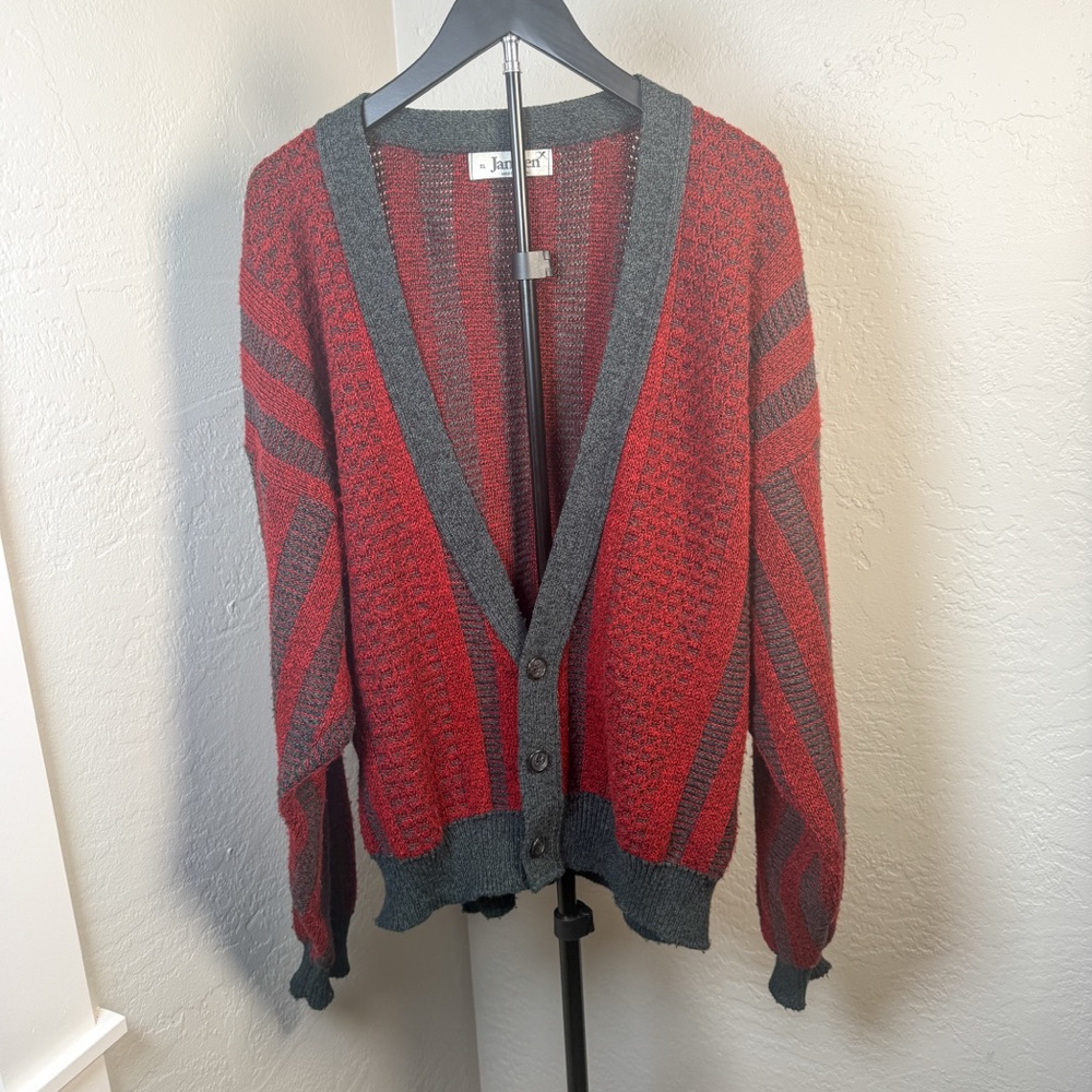 Vintage Jantzen Red Gray Knit Cardigan Made in USA Grandpa Sweater Size XL